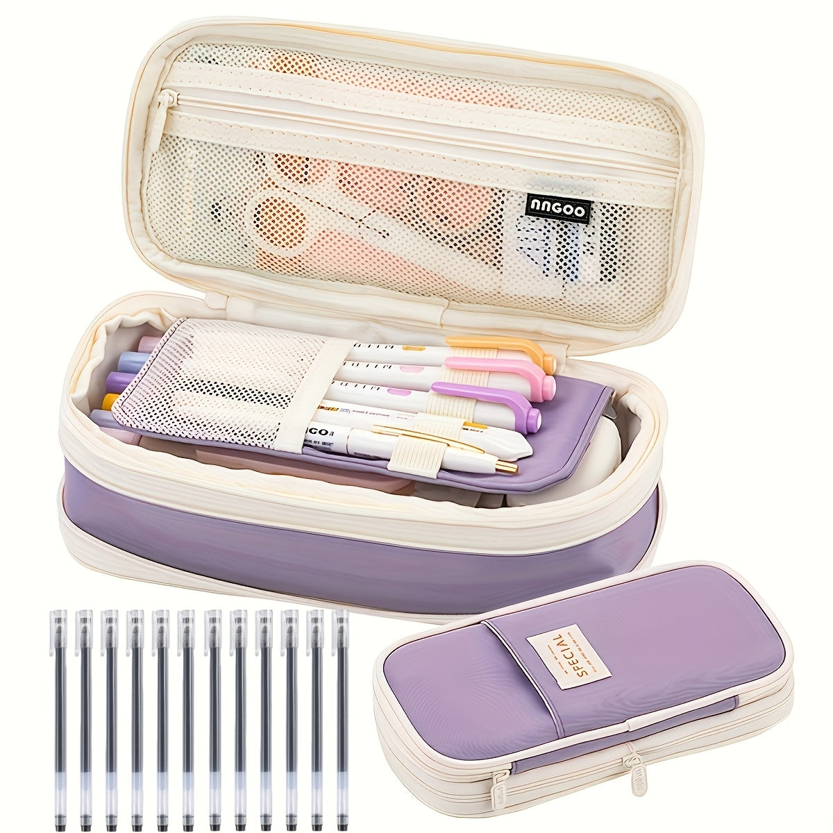 Value Bundle 11pcs Pencil Set- New Arrival Large Capacity Expandable Black Twill Pencil- Includes 10 Black Ballpoint Pens- Office Supplies\u002F Daily Office Supplies\u002F Desk Accessories