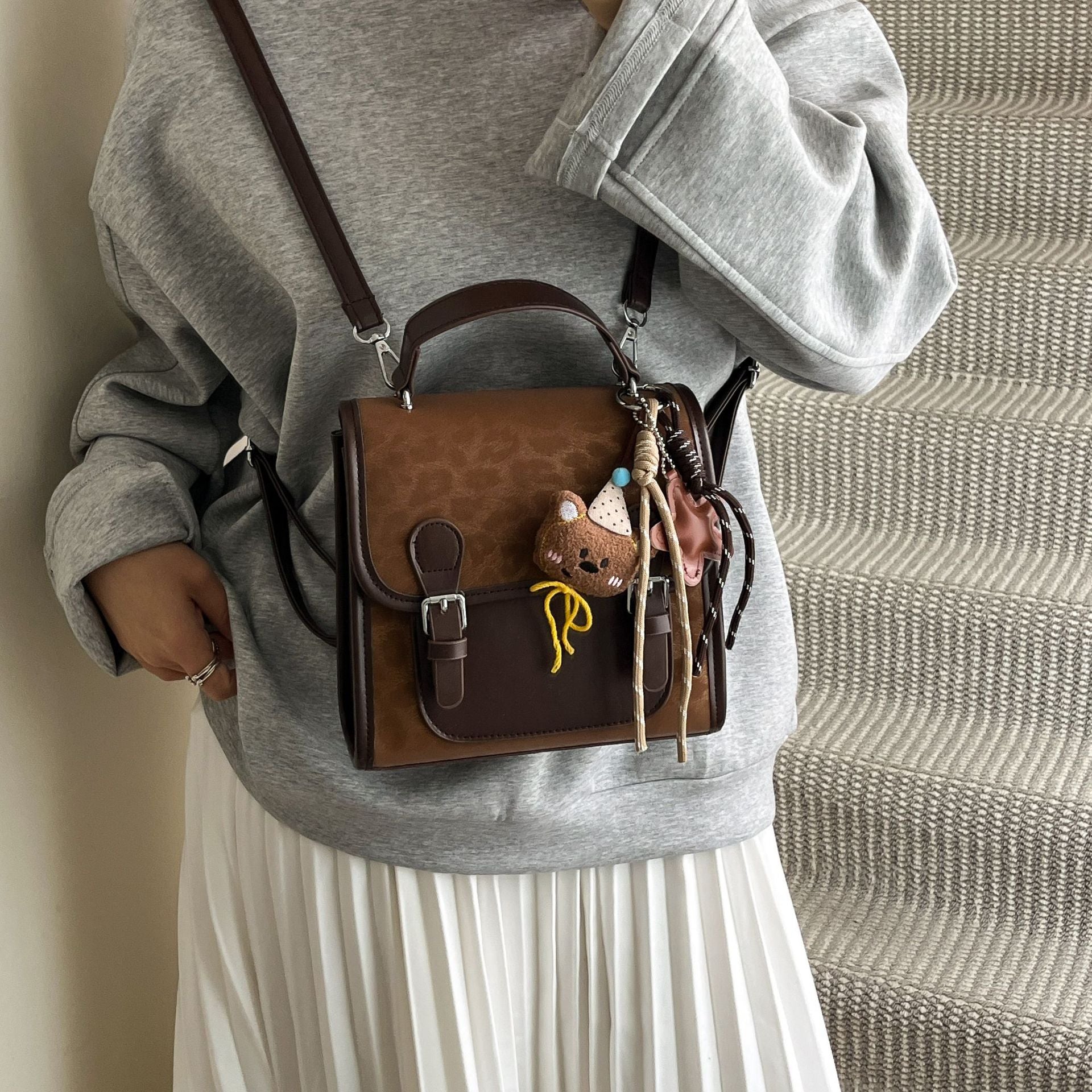 Vintage Niche Color-Block Women's Backpack| 2026 New Fashion, Student School Bag, Travel Backpack, Shoulder and Crossbody Bag, Zipper Closure, Lined, Coffee Color Series