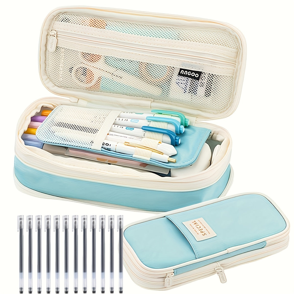 Value Bundle 11pcs Pencil Set- New Arrival Large Capacity Expandable Black Twill Pencil- Includes 10 Black Ballpoint Pens- Office Supplies\u002F Daily Office Supplies\u002F Desk Accessories