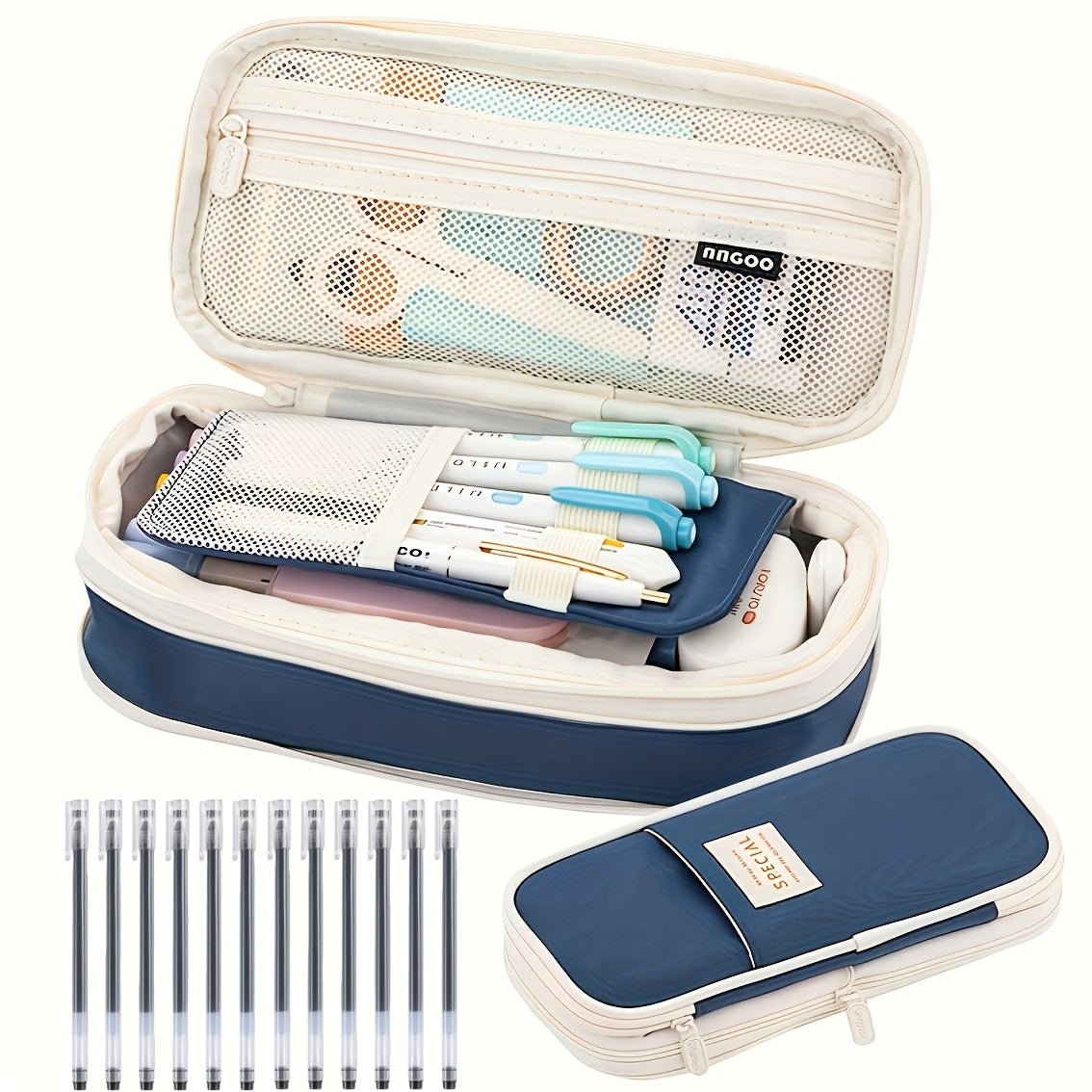 Value Bundle 11pcs Pencil Set- New Arrival Large Capacity Expandable Black Twill Pencil- Includes 10 Black Ballpoint Pens- Office Supplies\u002F Daily Office Supplies\u002F Desk Accessories