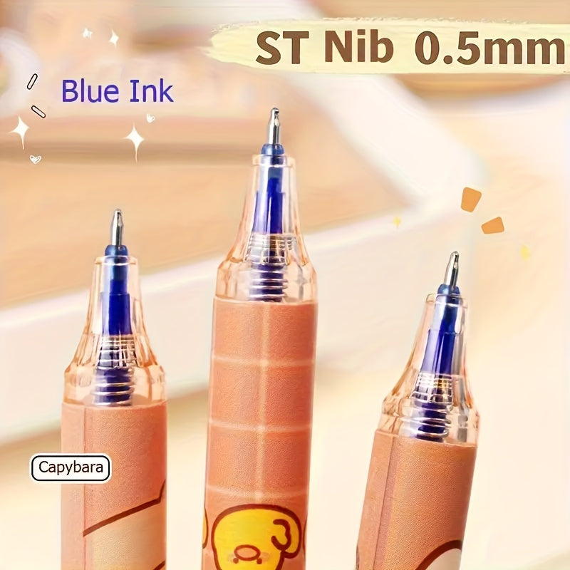 2-pack of Cute Capybara-themed Erasable Plastic Pens- 0.5mm Fine Tip, Quick-drying Ink, Lightweight Retractable Ballpoint Pen with Built-in Eraser, Yellow and Brown Design, Suitable Office and School