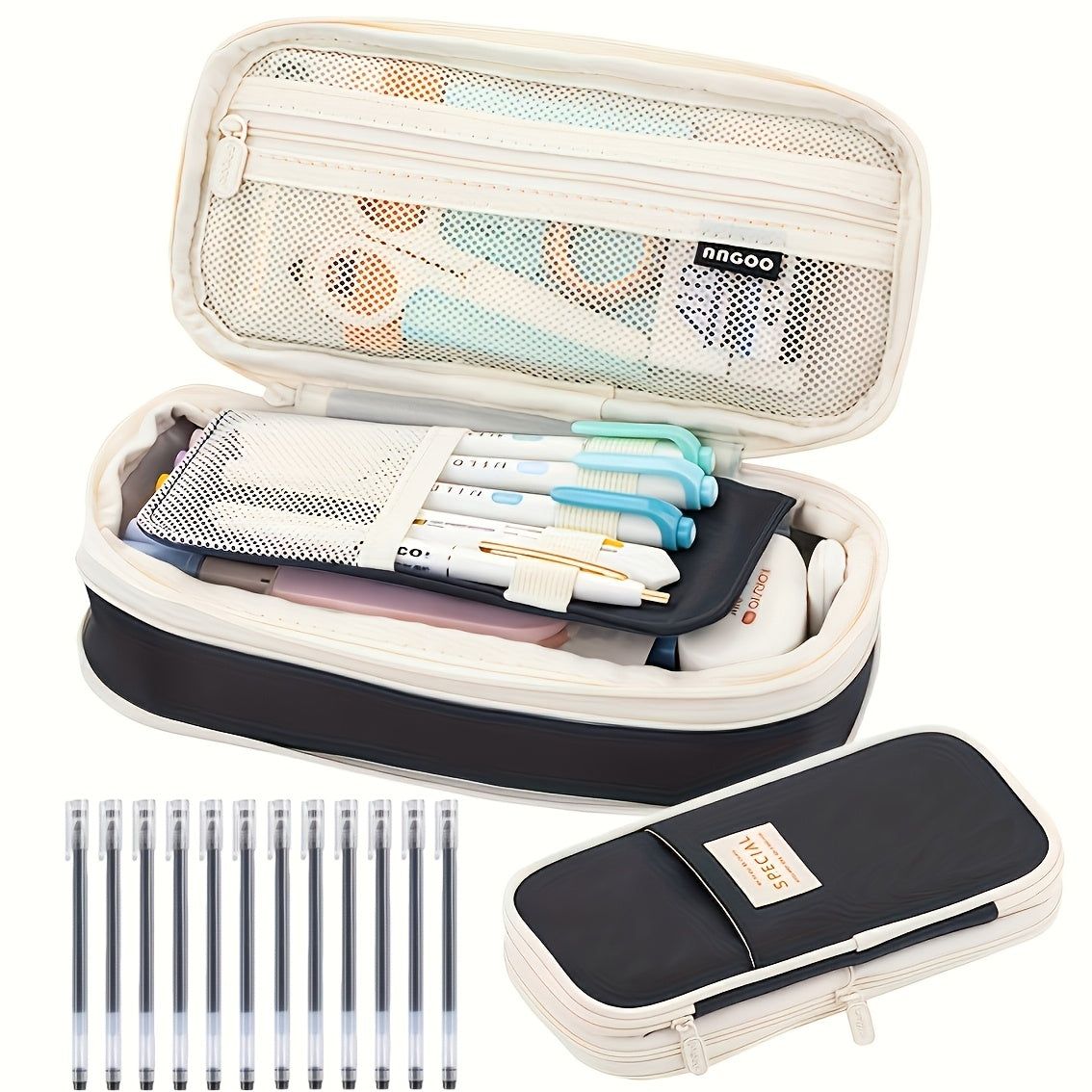 Value Bundle 11pcs Pencil Set- New Arrival Large Capacity Expandable Black Twill Pencil- Includes 10 Black Ballpoint Pens- Office Supplies\u002F Daily Office Supplies\u002F Desk Accessories