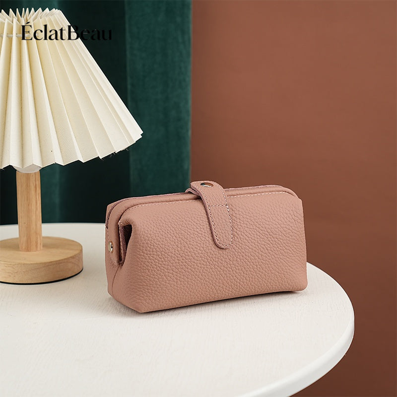 EclatBeau Genuine Leather Travel Makeup & Business Organizer Bag - Large Capacity Lychee Pattern Top Grain Wallet-like Case with Golden-Tone Snap Closure, Lightweight Durable Case for Women & Men (Black, Multi-Functional Gift)