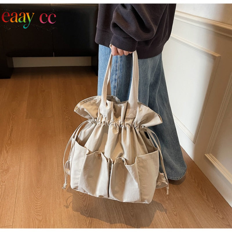 Trendy Spring And Summer Drawstring Tote Bag, Stylish Pleated Minimalist Backpack, Large Capacity Lightweight Shoulder Bag for Students
