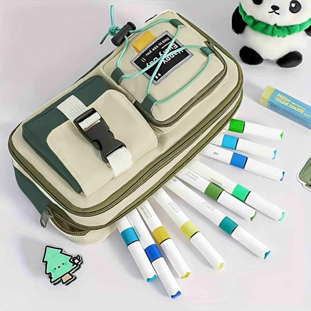2pcs\u002F1 Set of a Workwear Style Contrast Color Pencil Case, Including a Pencil Case and a Capybara Keychain. A New Student Stationery Organizer. Storage Capacity: Features a 9-layer Large-capacity Structure, Capable of Holding 80+ Pens. It Can Store