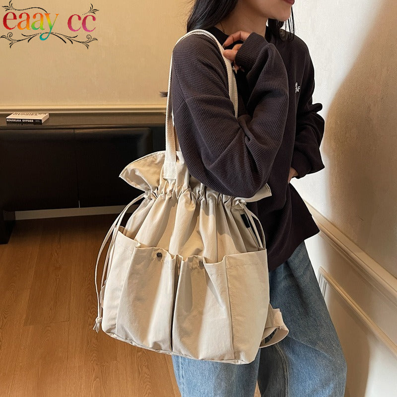 Trendy Spring And Summer Drawstring Tote Bag, Stylish Pleated Minimalist Backpack, Large Capacity Lightweight Shoulder Bag for Students
